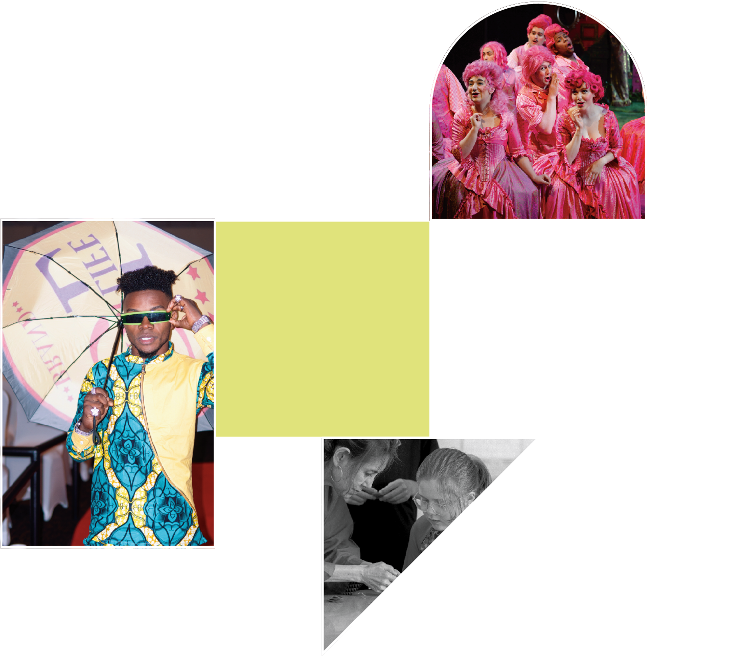 A white geometric line pattern containing three photographs: a group of performers at the Des Moines Metro Opera, a man with sunglasses and an umbrella wearing colorful clothing, and a child and a teacher interacting