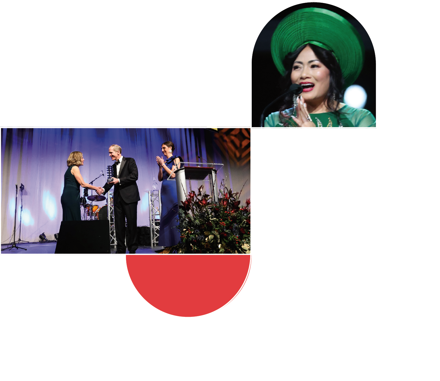 A white geometric line pattern with two images from an Awards Gala: a woman in a green hat accepting an award; and an image of a women in a black dress accepting an award from a man in a black tuxedo on a stage with flowers