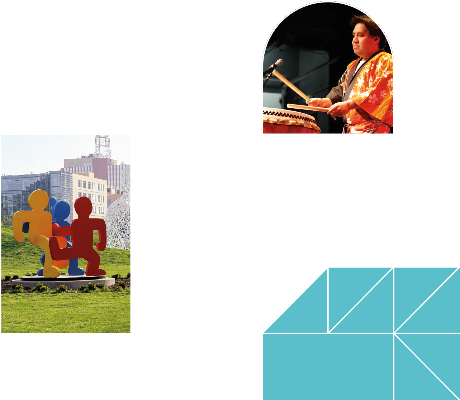 A white geometric pattern with two photos: a main in a colorful orange robe playing a drum, and an image of a Keith Haring sculpture at the Papa John Sculpture Park