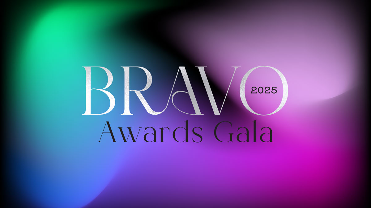 A colorful gradient background with silver and black lettering that reads 2025 Bravo Awards Gala